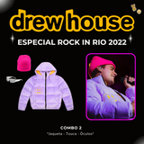 ESCOLHA SEU COMBO: Look Completo do Justin Bieber - Rock in Rio 2022 (Jaqueta Puffer, Camiseta Drew, Touca Pink, Óculos Vintage)