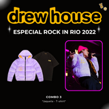 ESCOLHA SEU COMBO: Look Completo do Justin Bieber - Rock in Rio 2022 (Jaqueta Puffer, Camiseta Drew, Touca Pink, Óculos Vintage)